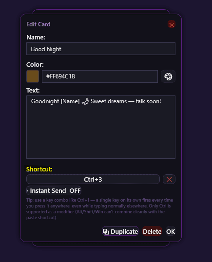 Assigning a keyboard shortcut to a card