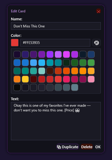 Edit card window with color palette
